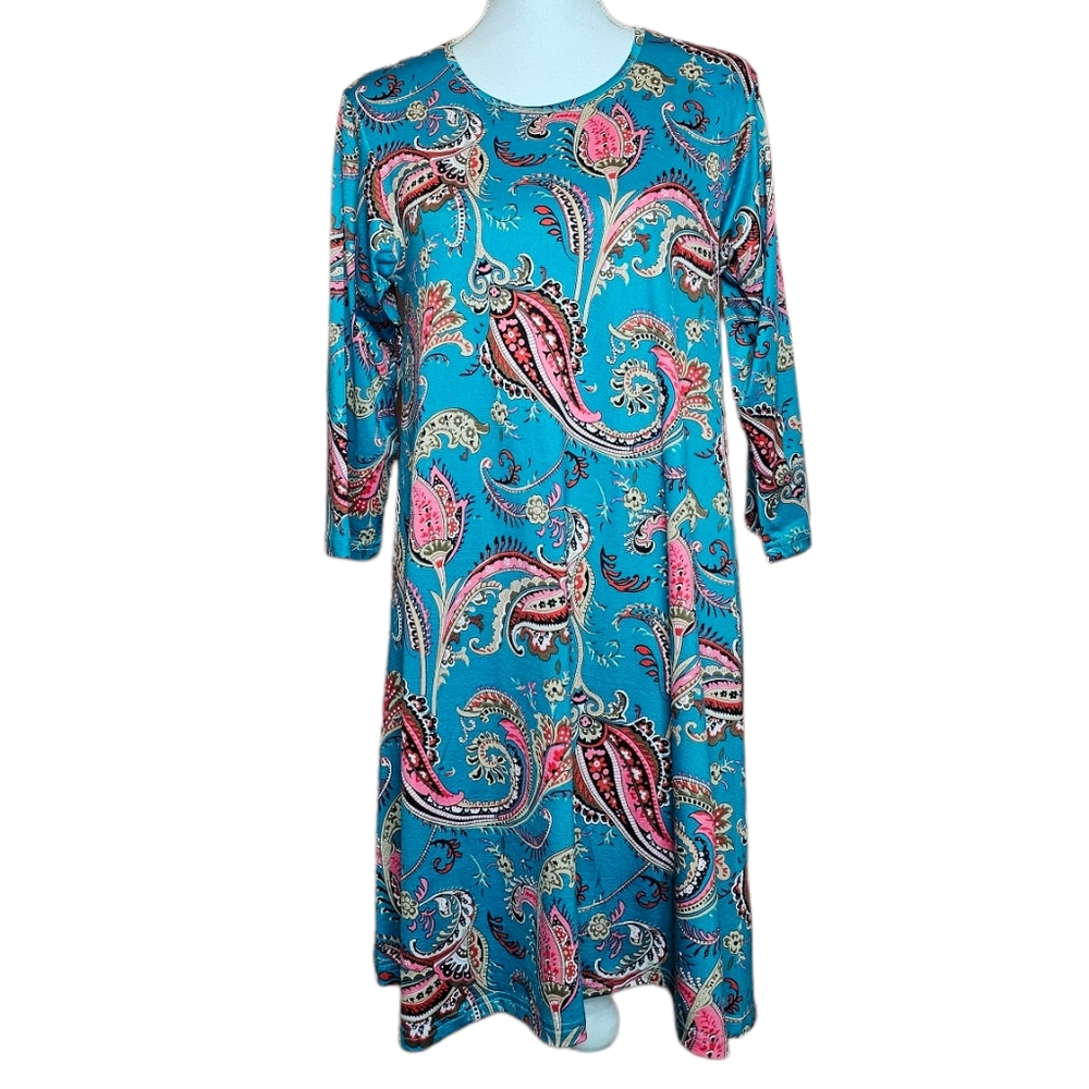 Southern Charm Blue Pink Paisley Western 3/4 Sleeve Flowy Shirt Dress Size M